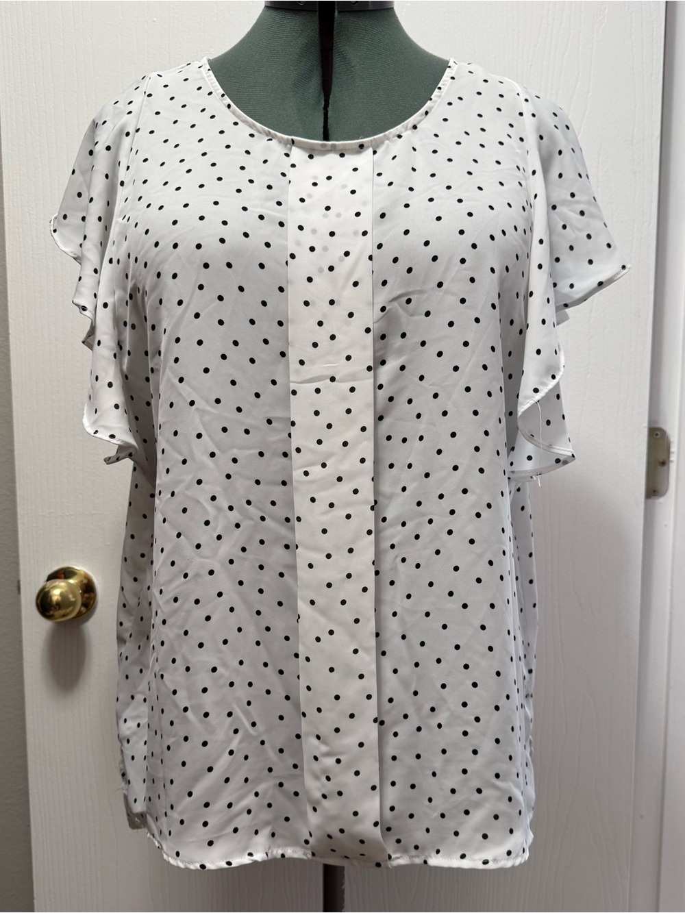 Elle White & Black Polka Dot Blouse Flutter Sleeves Chic Career Top Size XL